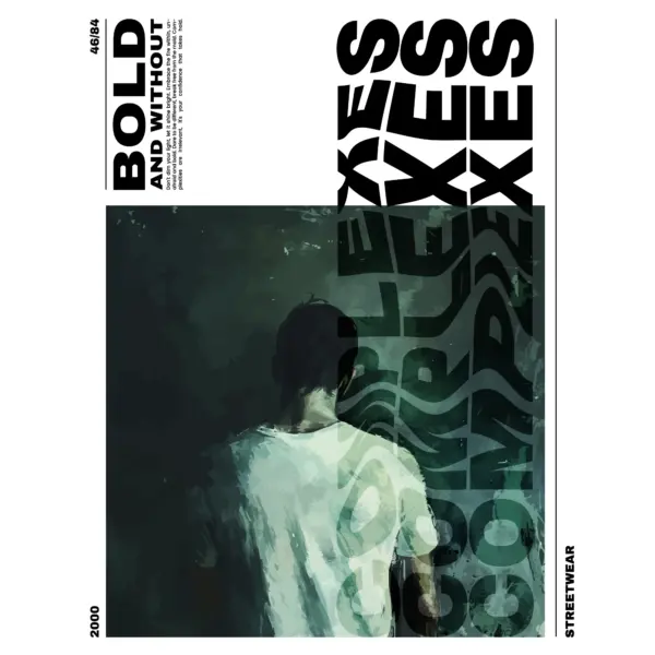 Man with white t-shirt with distorted black phrase design