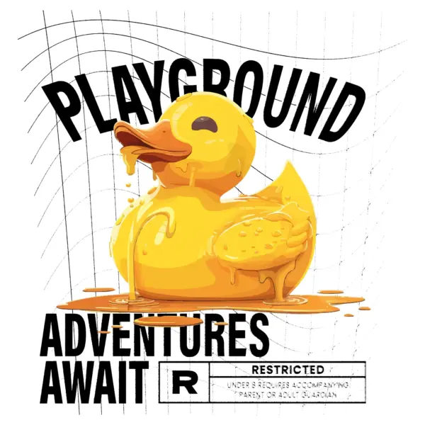 Melting rubber duck with phrases of games and adventures design