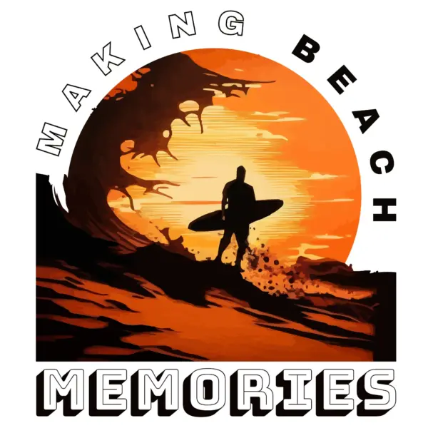 Surfer with a sunset backdrop holding a surfboard design