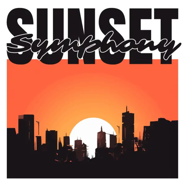 Sunset backdrop with a city skyline accompanied by a phrase design