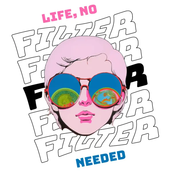 Girl with sunglasses adorned with slanted background words design