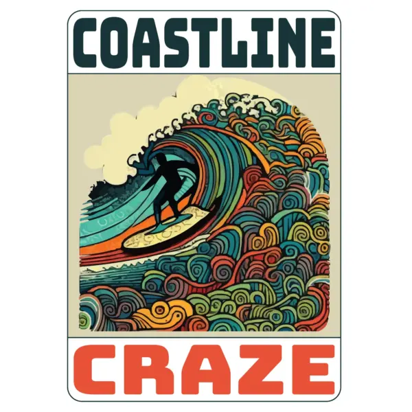 Surfer riding a wave on a colorful surfboard design