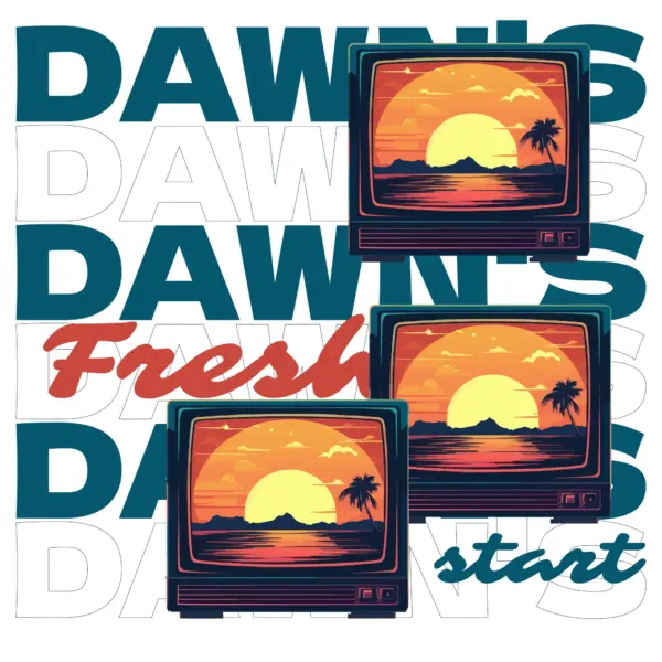 Televisions playing a sunset on the beach with a background phrase design