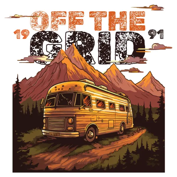 Vintage motorhome with mountains and a summer design