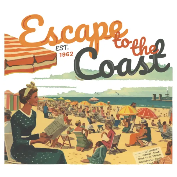 Vintage postcard with a beach scene and hand design