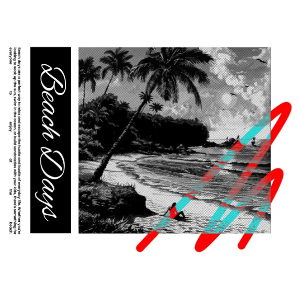 Black and white beach photo with handwritten text design