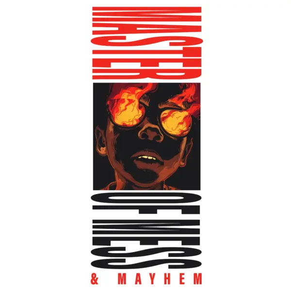 Child with glasses expelling fire with vertical text design