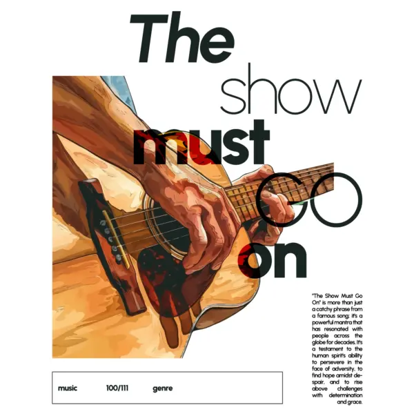 Hands touching a guitar decorated with a music phrase design.