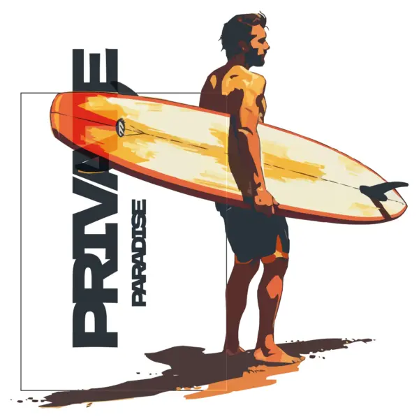 Man carrying a surfboard with surf quote design