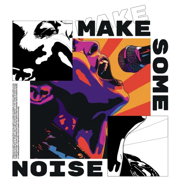 Man singing with a microphone decorated with a black and white collage design