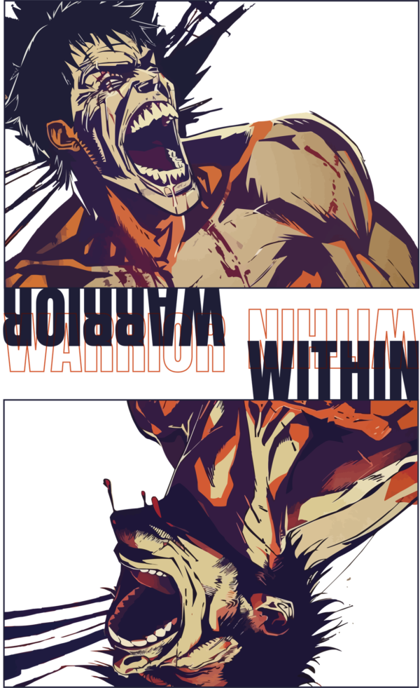 A fighter shouting with a phrase in the middle with a reflection effect design