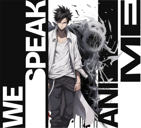 Anime character with a monster in the background and a variable font phrase design