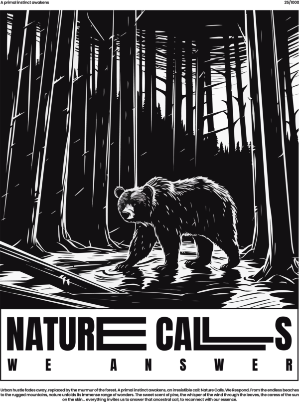 Bear in the middle of a forest in black and white with camping quote design