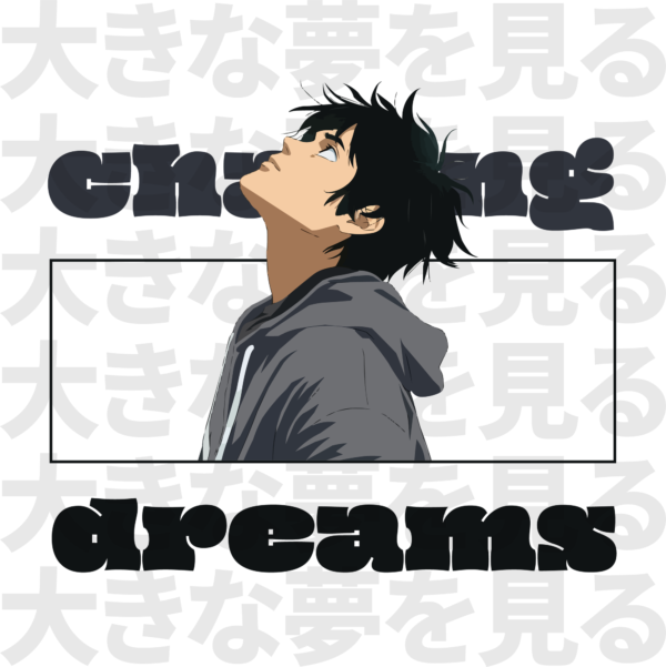 Boy looking at his dreams with a background of Japanese letters design