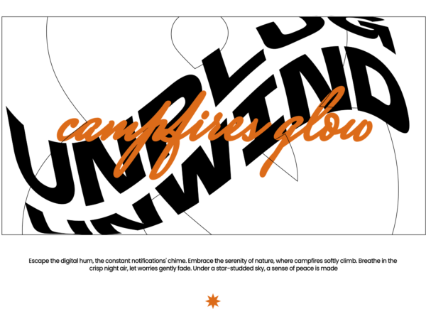 Camping phrase in black and white with orange inside a rectangle design