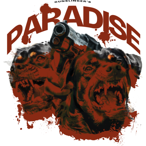 Fierce dogs with a man holding a weapon design