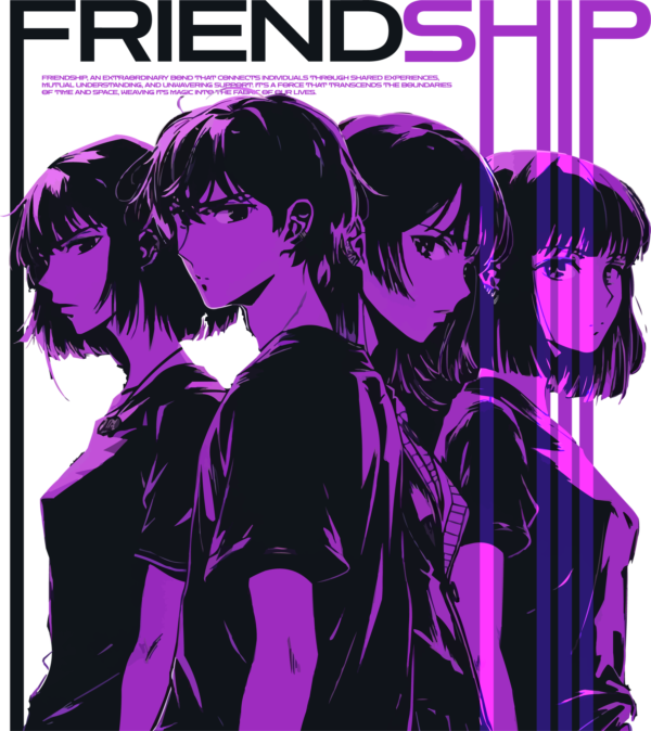 Friends gathered with a purple filter in anime style design