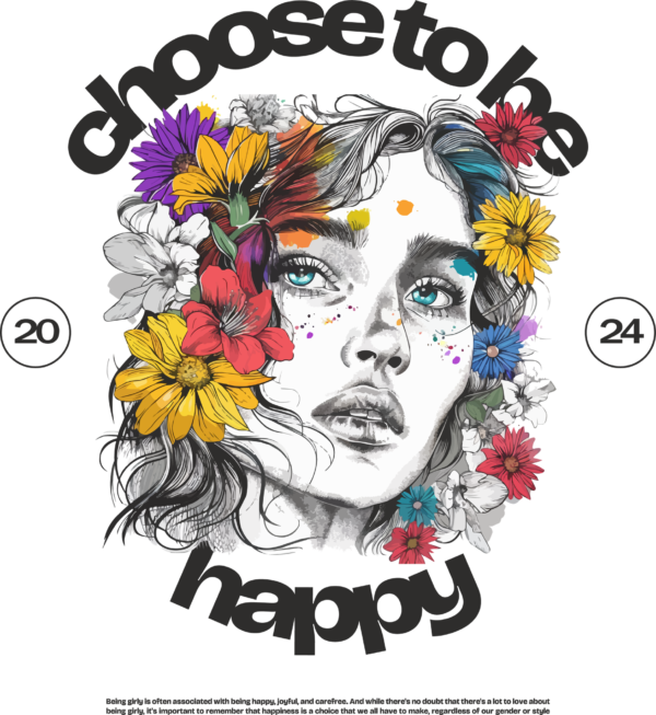 Girl drawn in black and white with flowers of different colors design