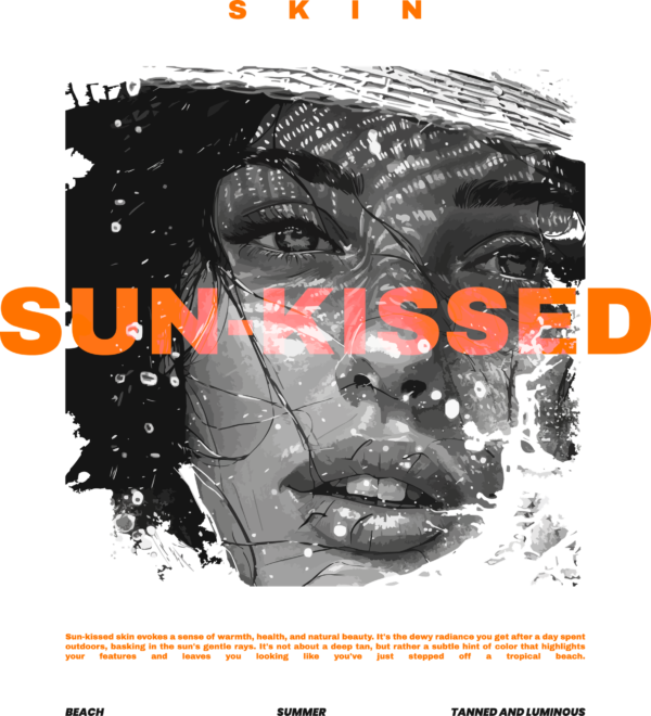 Girl with hat at the beach with an orange phrase design