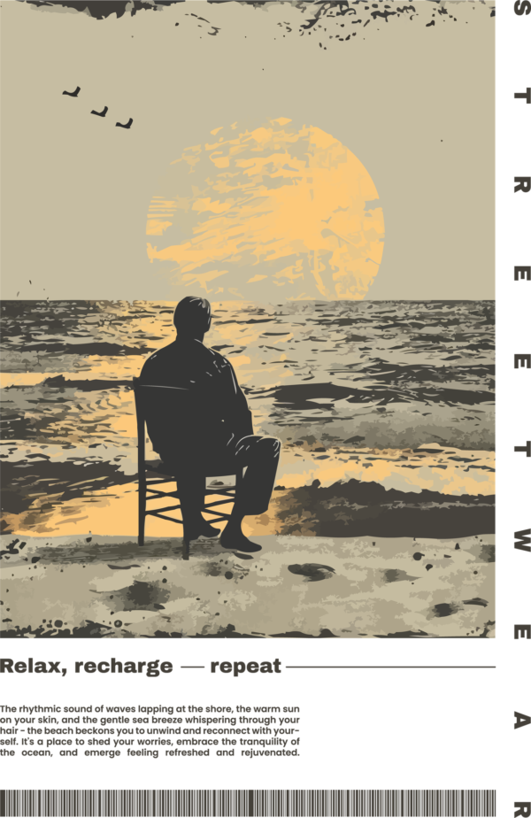 Man sitting on a chair at the beach, watching the waves and the sunset design