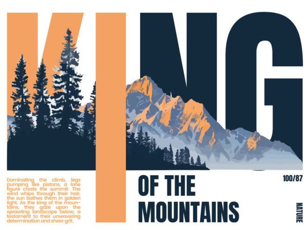 Mountain and forest pines decorated with a phrase design