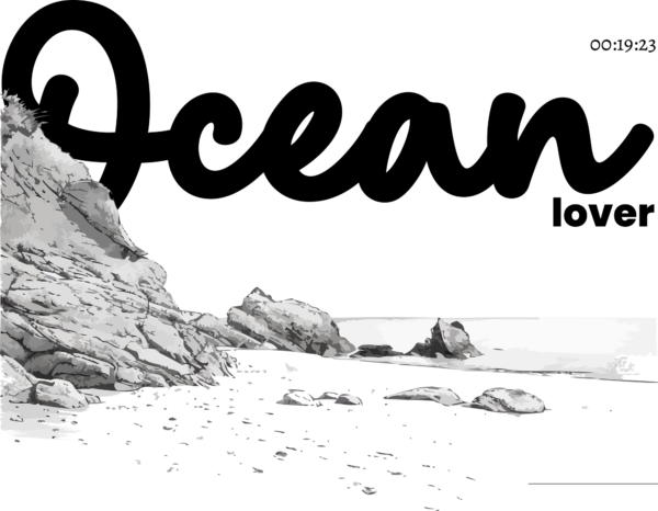 Phrase in black and white behind a beach design