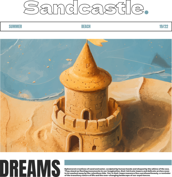 Sand castle near the beach water with a summer phrase design