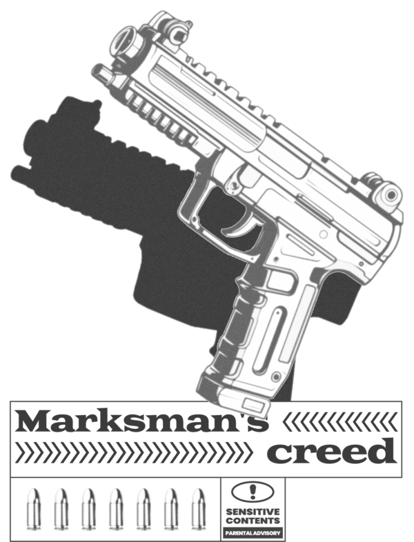 Semiautomatic pistol in black and white with a firearms phrase design