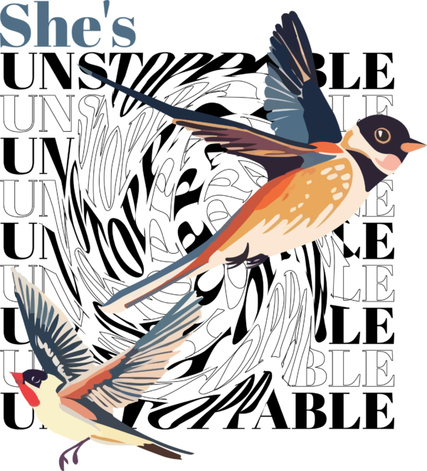 Small birds flying over a distorted text design