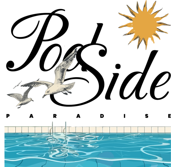 Summer phrase in handwritten font decorated with a pool, sun, and birds design