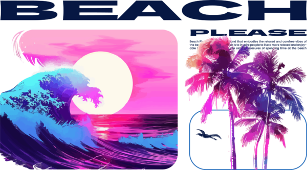 Summer phrase with a beach and palm trees in synthwave style design