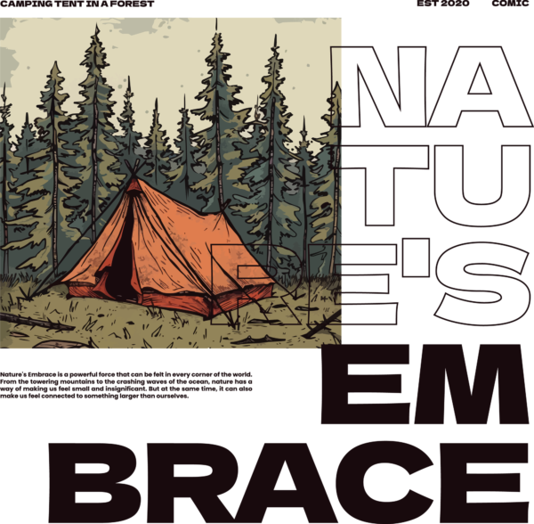 Tent in the middle of a forest and a camping phrase design