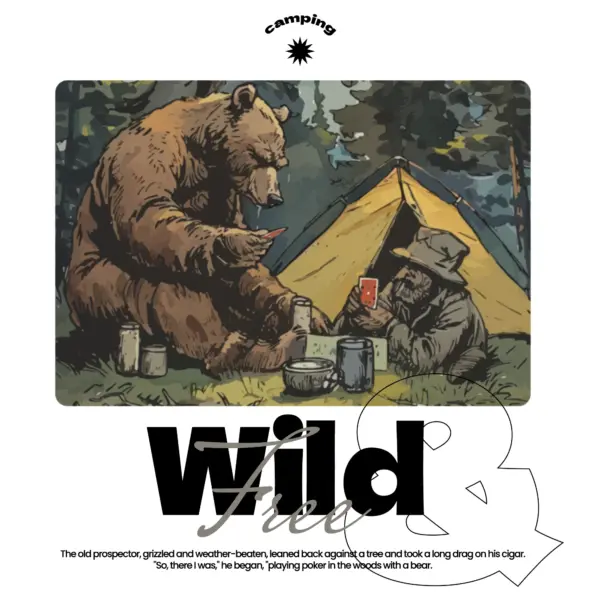 A grizzly bear playing poker with a person camping in a forest design