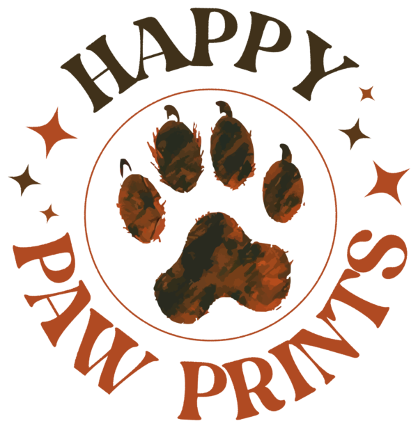 Dog paw print in the center of a design with a circular phrase design