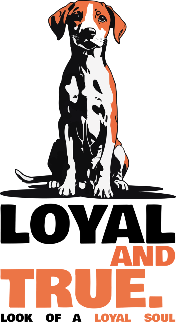 Dog sitting from a front view with a decorative phrase design