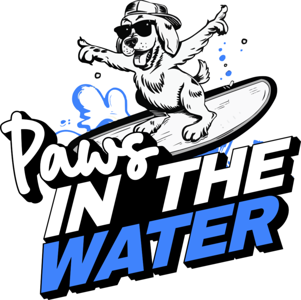 Dog with glasses riding a surf wave with arms up design