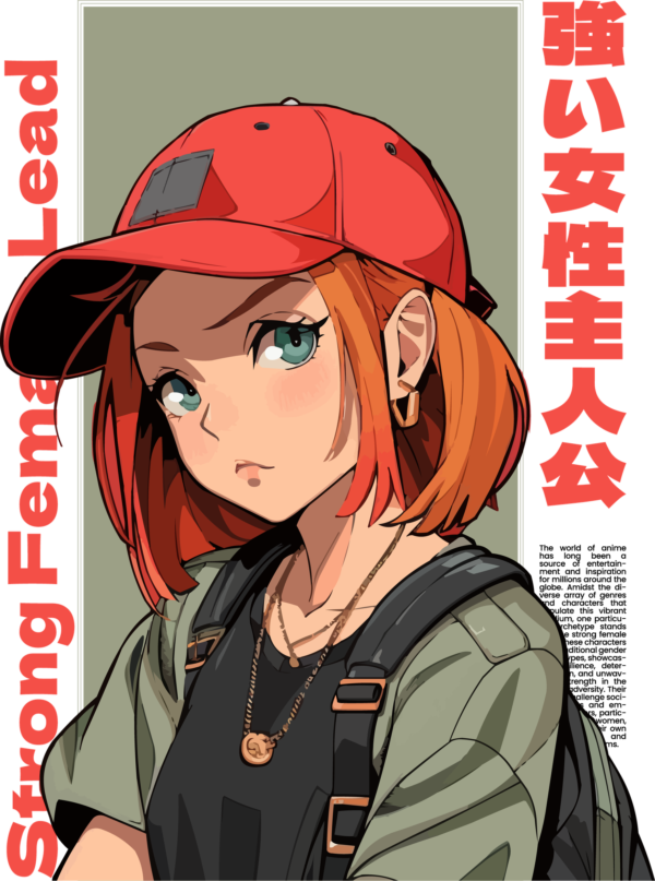 Girl with red cap on a green background with japanese letters design