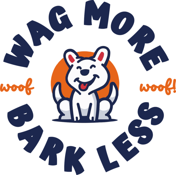 Happy dog in the center of a phrase that surrounds the design