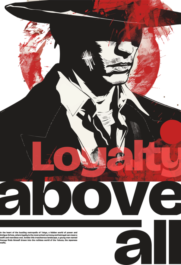 Japanese mafia member with black suit and red stains design