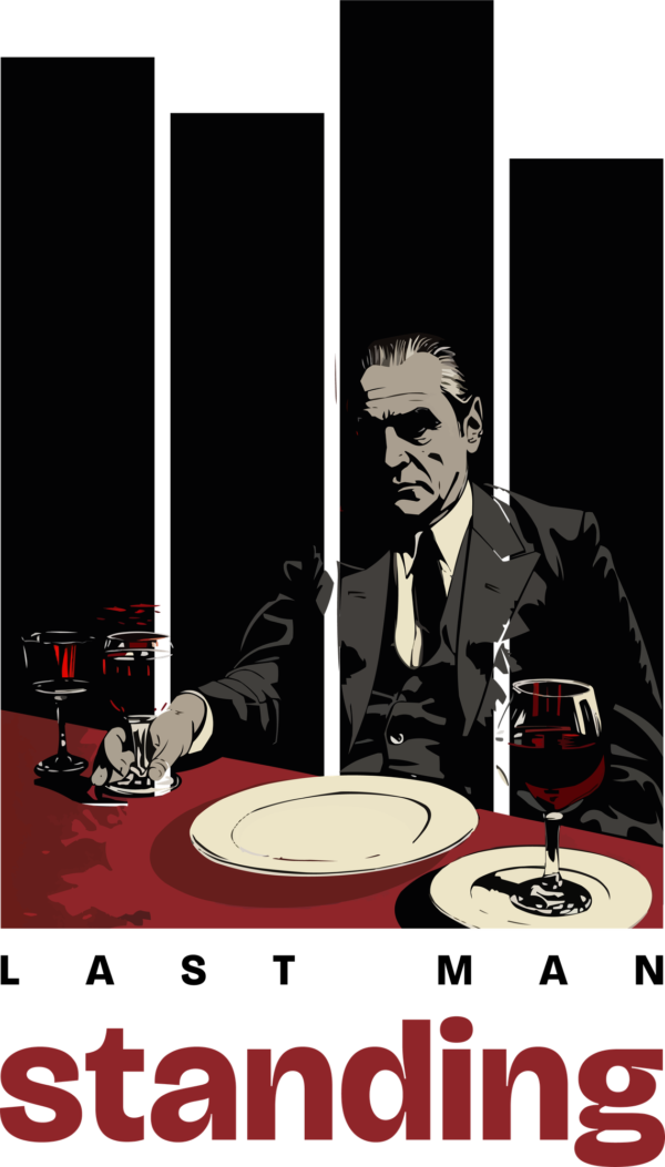 Mafioso dressed in suit sitting in a dining room drinking wine design