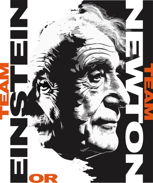 Newton and Einstein in black and white in a face to face design