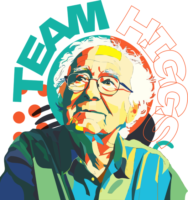 Peter Higgs in a colorful effect with a phrase in circular format design