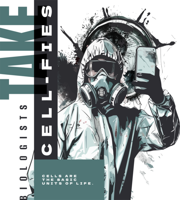 Scientific taking a selfie with a cell in the background design