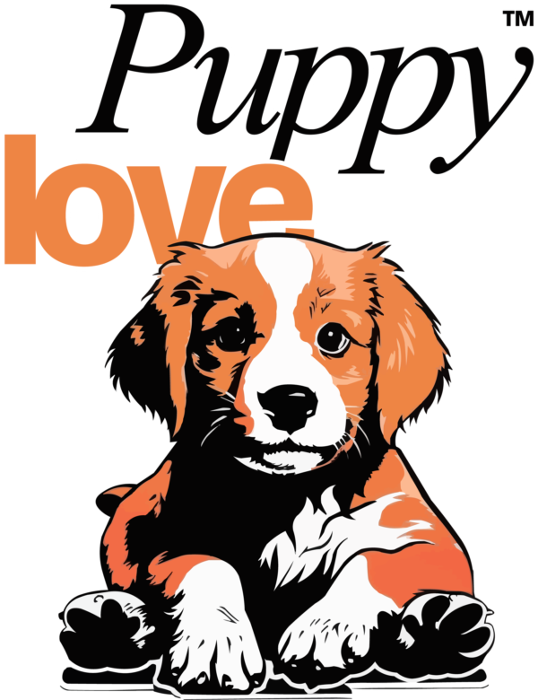 Small puppy sitting and very happy with a phrase that ornaments design