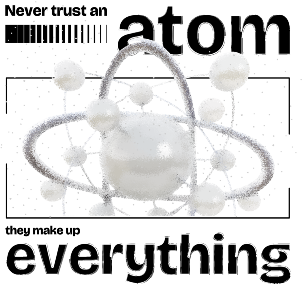 White atom in a 3D effect with a phrase in black color design
