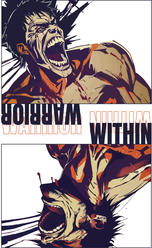 A fighter shouting with a phrase in the middle with a reflection effect design