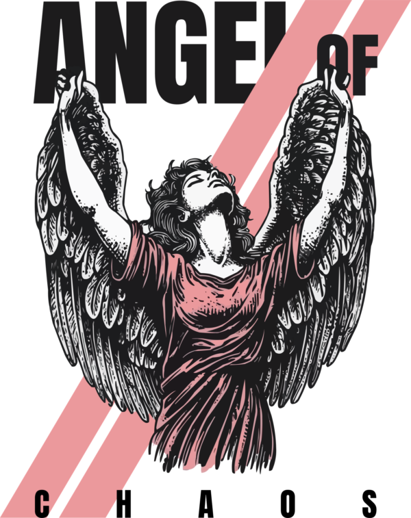 An angel with wings looking at the sky with a related text design