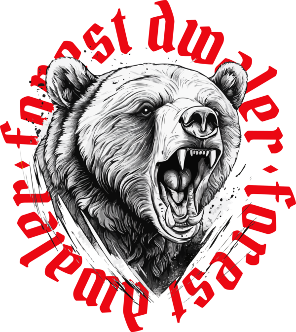 Black and white gresly bear with a phrase in a display font with circular effect design
