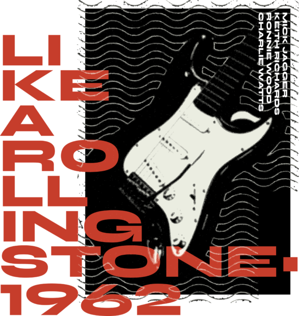 Electric guitar on black background with decorative phrase design