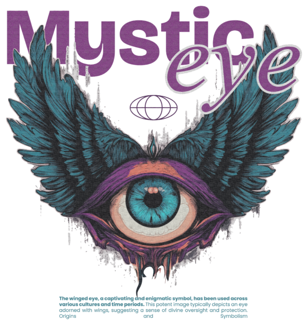 Eye with wings in a tattoo style decorated with a phrase design